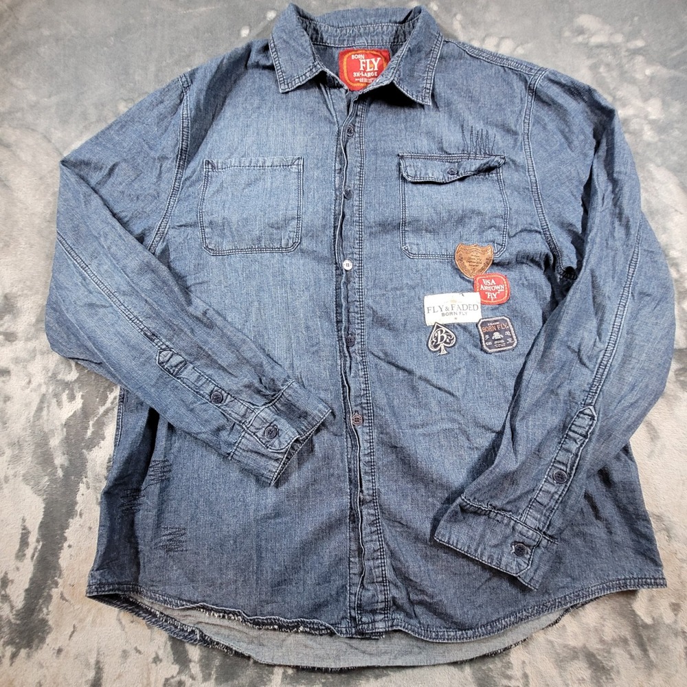 Born Fly & Faded Mens 3XL Denim Button Down Shirt Blue Patches Long Sleeve